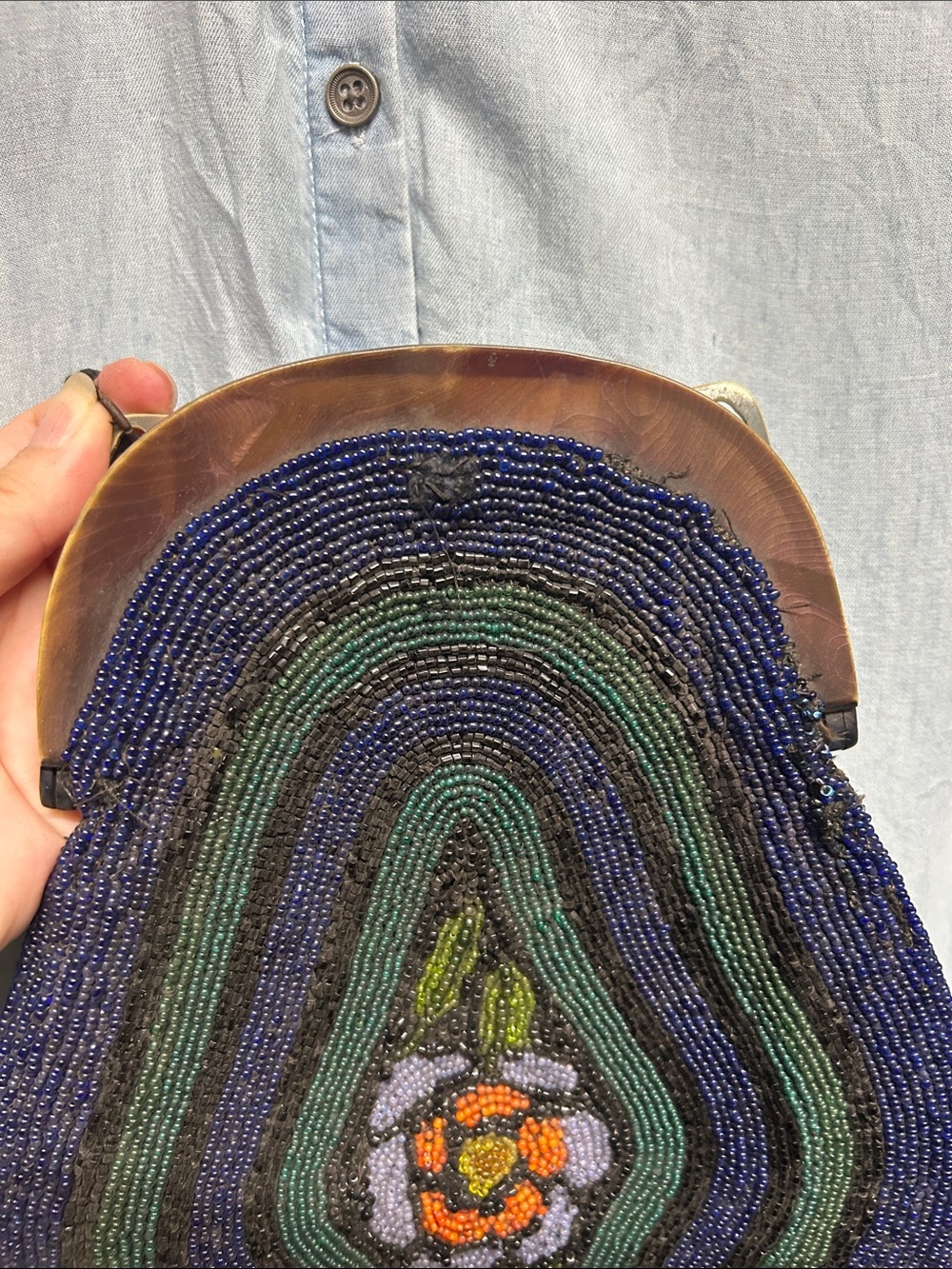 Vintage Beaded Floral Fringe Handbag in Navy, Green, Orange - Picture 6 of 10
